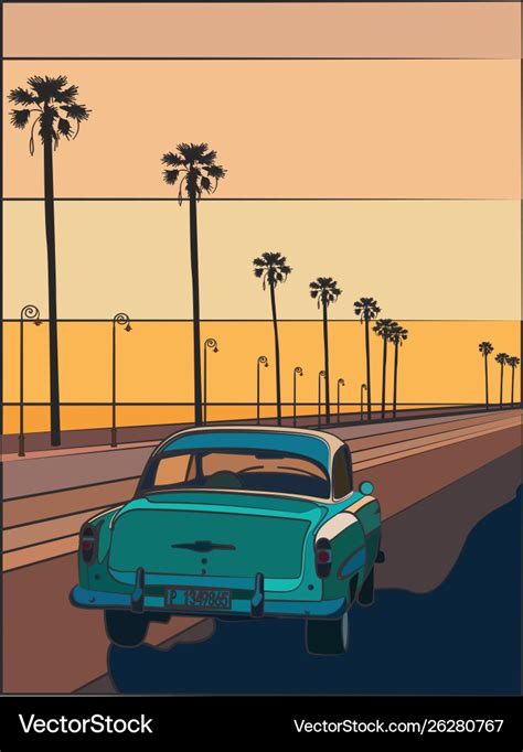 Retro car driving on a highway at sunset Vector Image