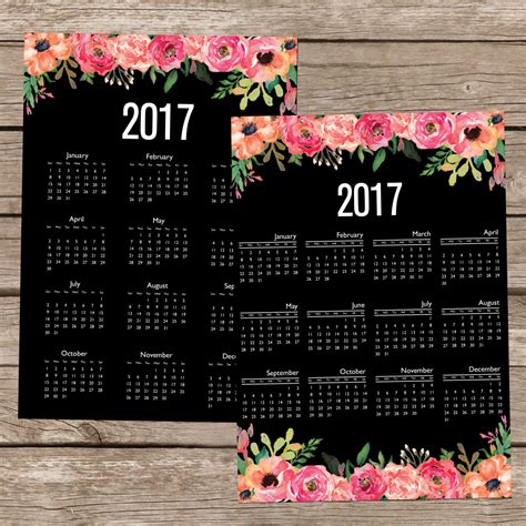 Printable Floral Flower 2017 Calendar Planner Desk Calendar Wall Art ...