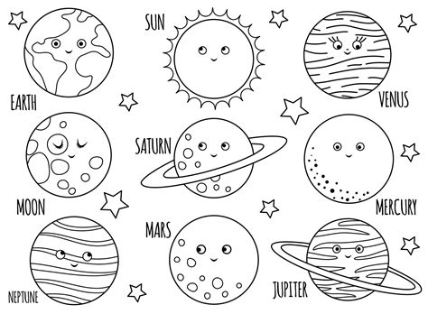 planetas vectoriales en blanco y negro para niños. esbozar la ilustración de la tierra sonriente ...