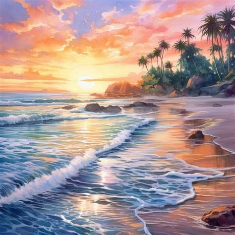 Premium AI Image | A painting of a beach with palm trees and a sunset.