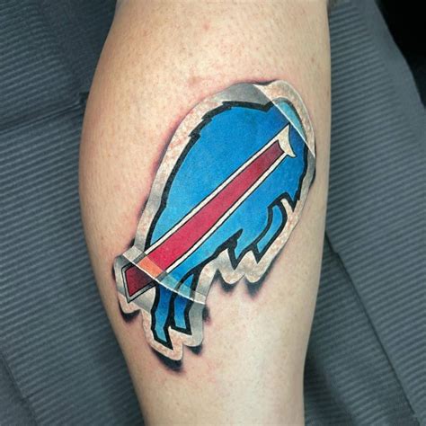 Buffalo Bills sticker tattoo on the calf.