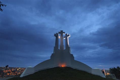 Premium Photo | Hill of Three Crosses Monument at Night