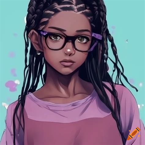 Dark-skinned anime girl with braided hair, pastel purple glasses, and ...