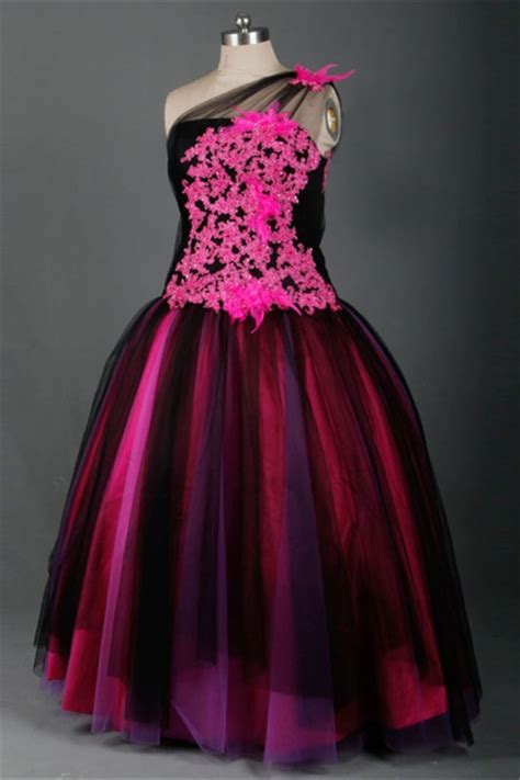 Ball Gown One Shoulder Black Tulle Hot Pink Lace Feather Prom Dress