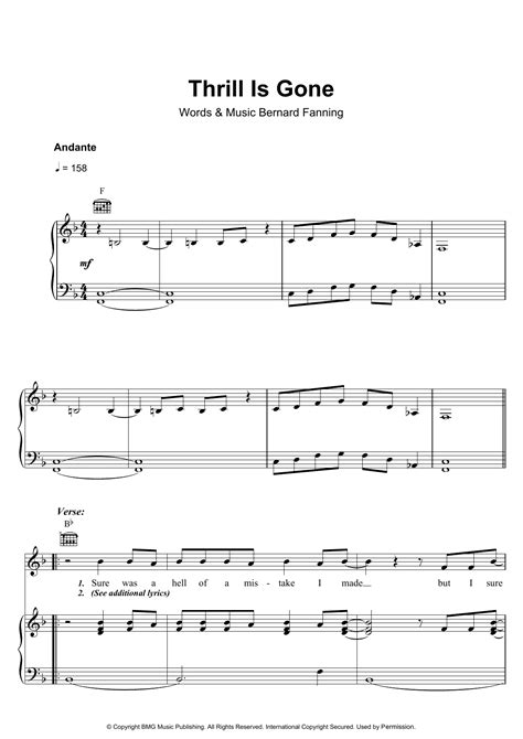 Thrill Is Gone by Bernard Fanning Sheet Music for Piano, Vocal & Guitar Chords at Sheet Music Direct