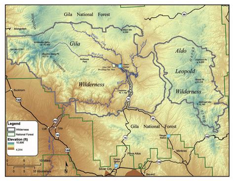 Detailed map of the Gila Aldo Leopold Wilderness Complex and ...