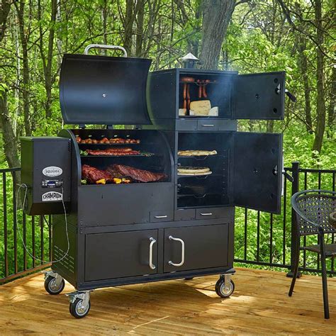 an outdoor bbq grill on a deck with trees in the backgroung