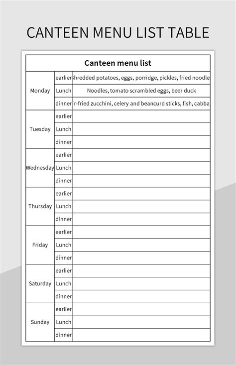 Canteen Menu List Table Excel Template And Google Sheets File For Free Download - Slidesdocs