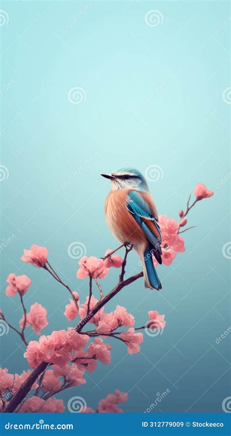 Dreamy Blue Bird on Blossomed Branch - Minimalistic Japanese Style Stock Illustration ...