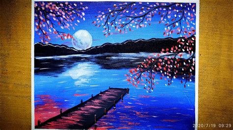 Moonlight Night Landscape Painting / Cherry Blossom Under Moonlight/ Acrylic Painting Technique ...