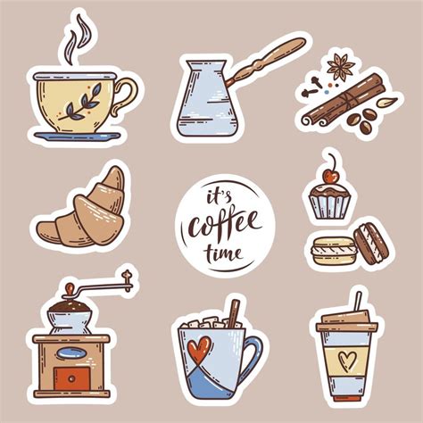 Coffee Stickers set. Vector sketch illustration set with lettering Its ...