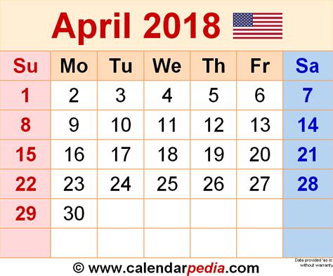 April 2018 Calendar | Templates for Word, Excel and PDF