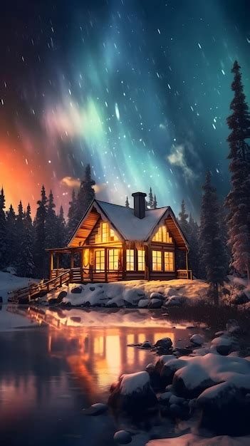 Premium AI Image | A cabin by the lake in winter