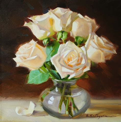 Paintings by Elena Katsyura: White Roses in Vase