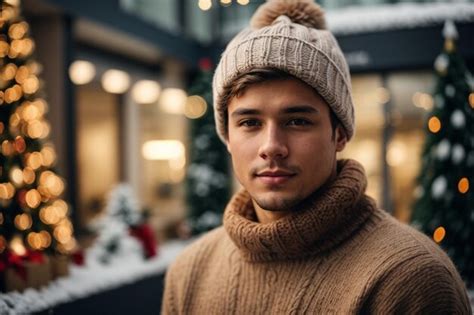 Premium Photo | Beautiful young man in winter hat and sweater over Christmas modern office ...