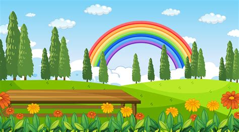 Nature park scene background with rainbow in the sky 2728470 Vector Art ...