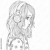 Cute Beautiful girl With Headphones Coloring Book Page For Adult And  sketch template