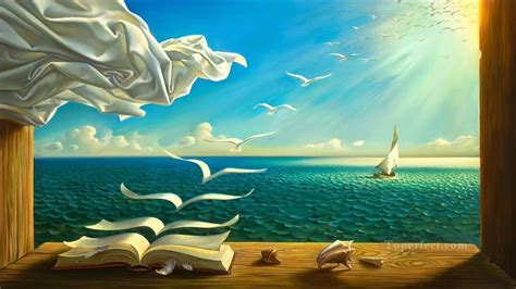 diary of discoveries surrealism books seagulls ship Painting in Oil for Sale