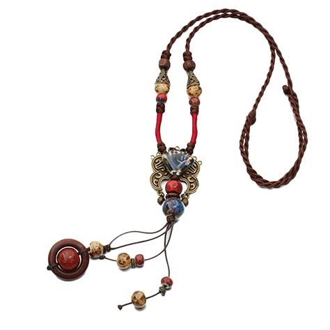 New Bohemia Style Jewelry Antique Gold And Red Color Ceramics Beads Ethnic Long Necklace For ...