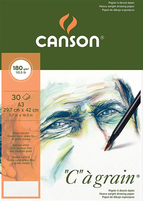 Canson C a Grain 180gsm Heavyweight drawing paper, fine grain texture, A3 pad including 30 ...