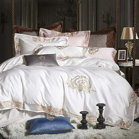 Duvet Cover Sets,Egyptian Cotton Luxury Royal Bedding Set White Gray Queen King Size Embroidery ...