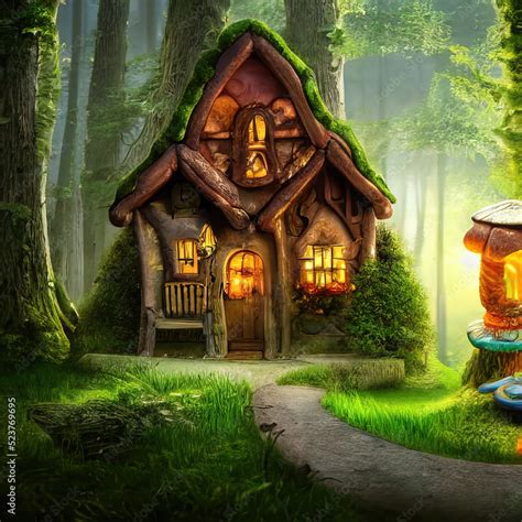 Fairy tale little cottage in magical forest Stock Illustration | Adobe ...