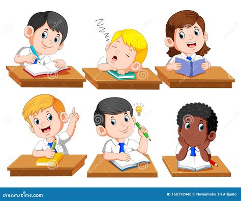 Happy Kids or Children Sitting at Desk School Stock Vector - Illustration of cartoon, people ...