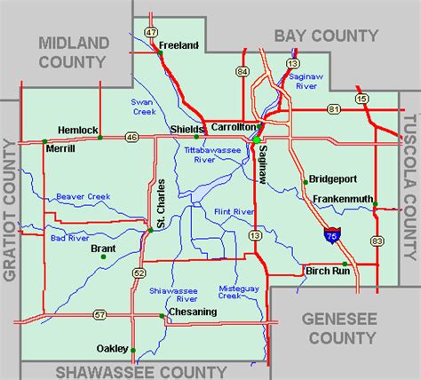 Saginaw County Map Tour lakes snowmobile ATV rivers hiking hotels motels Michigan Interactive™