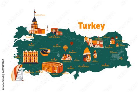 Vector map of Turkey. Sights. Historical places. Tourism. Cities. Guide ...