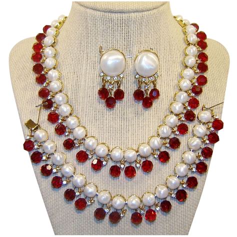Vintage Trifari Fx Pearl Rhinestone Crystal Necklace Bracelet Earrings Book Ad | Red crystal ...