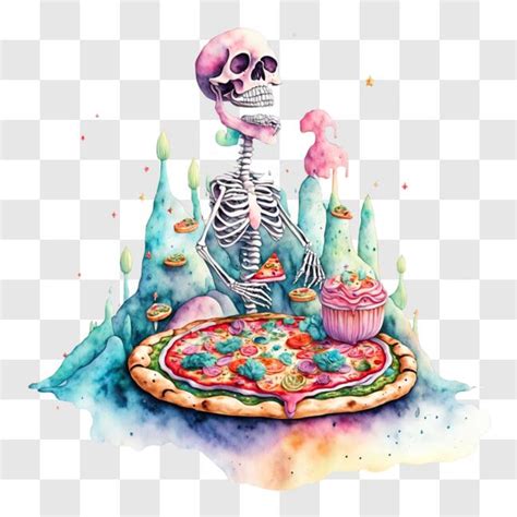 Download Skeleton enjoying a feast of pizza and desserts PNG Online - Creative Fabrica