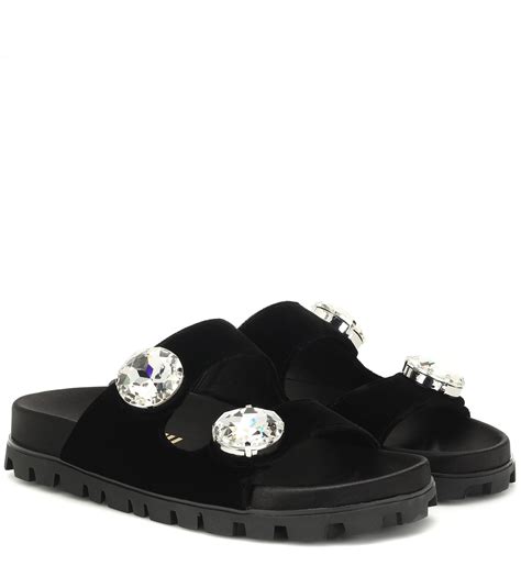 Miu Miu Gobstopper Crystal-embellished Velvet Slides in Black - Save 40 ...