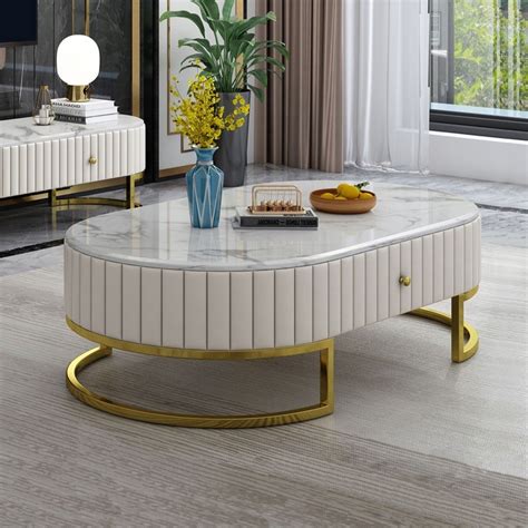 Luxury Modern 47" Oval Faux Marble Coffee Table Leather Coffee Table with 2 Drawers Gold Metal ...