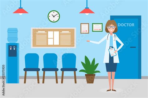 "Doctor in waiting room. Beautiful smiling woman in white standing in waiting room. Hospital ...