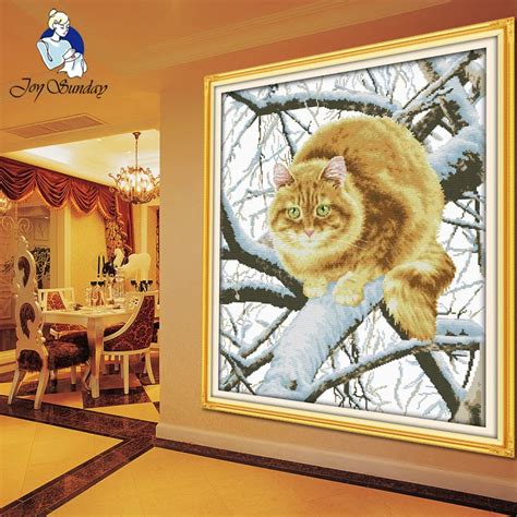 JOY SUNDAY,Needlework,DIY DMC Cross stitch,Sets For Embroidery kit The fat cat on the tree home ...