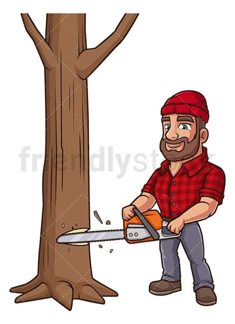 Logger Cutting Wood With Chainsaw Cartoon Clipart Vector - FriendlyStock