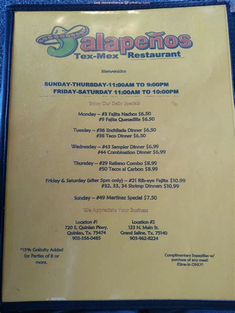 Menu at Jalapeños Restaurant, Quinlan