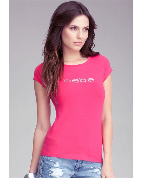 Bebe Logo Basic Rhinestone Tee in Pink | Lyst