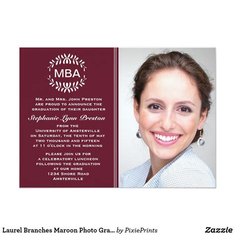 Laurel Branches Maroon Photo Graduation Invitation A crisp and sophisticated design featuring a ...