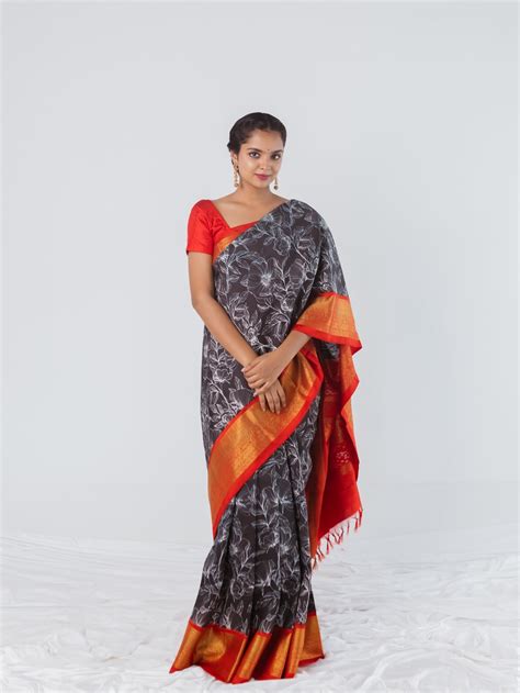 Printed Black Silk Saree With Red Border - Handwoven - Tulsi Weaves