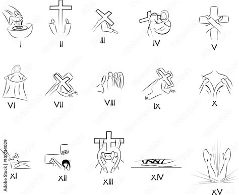 Fifteen stations of the Way of the cross (Via crucis). Simple abstract symbols for each of the ...