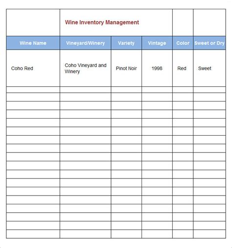 Wine Inventory Spreadsheet Template