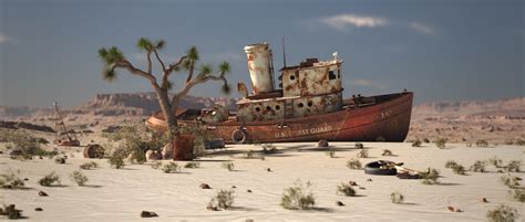 US Coast Guard vessel in the Aralkum desert. The desert has appeared since 1960 on the seabed ...