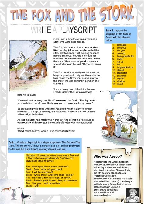 The Fox And The Stork (Aesop Fable)…: English ESL worksheets pdf & doc