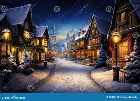 Vintage Style Snowy Christmas Village Scene - AI Generated Stock Illustration - Illustration of ...