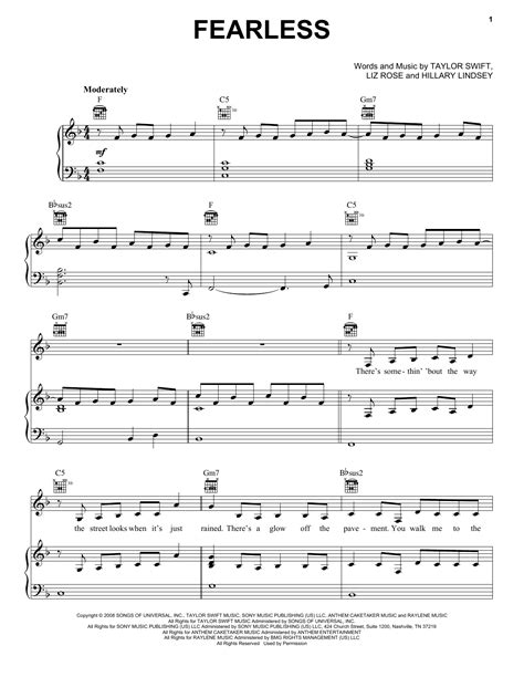 Fearless by Taylor Swift Sheet Music for Piano, Vocal & Guitar Chords (Right-Hand Melody) at ...