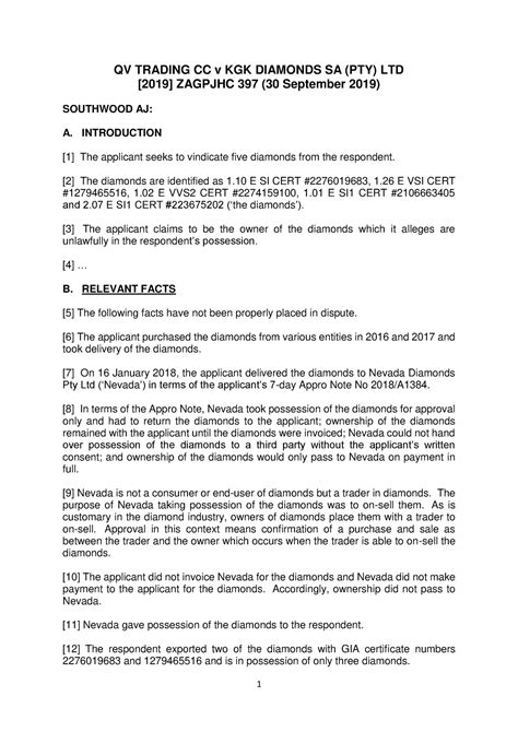 Section A QV Trading CC v KGK Diamonds SA (Pty) Ltd [2019 ] Zajpghc 397 ...