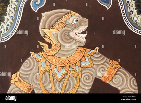 Painting of monkey god Hanuman at Wat Phra Kaew (Temple of Emerald ...