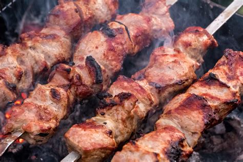Free Images : skewers, frying, coals, picnic, meat barbecue, grilled meat, barbecue season ...