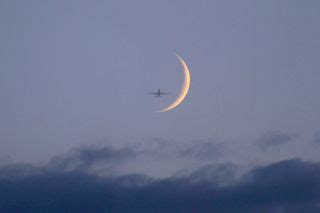 Airplane and Beautiful Crescent Moon in Night Sky Photo | Space